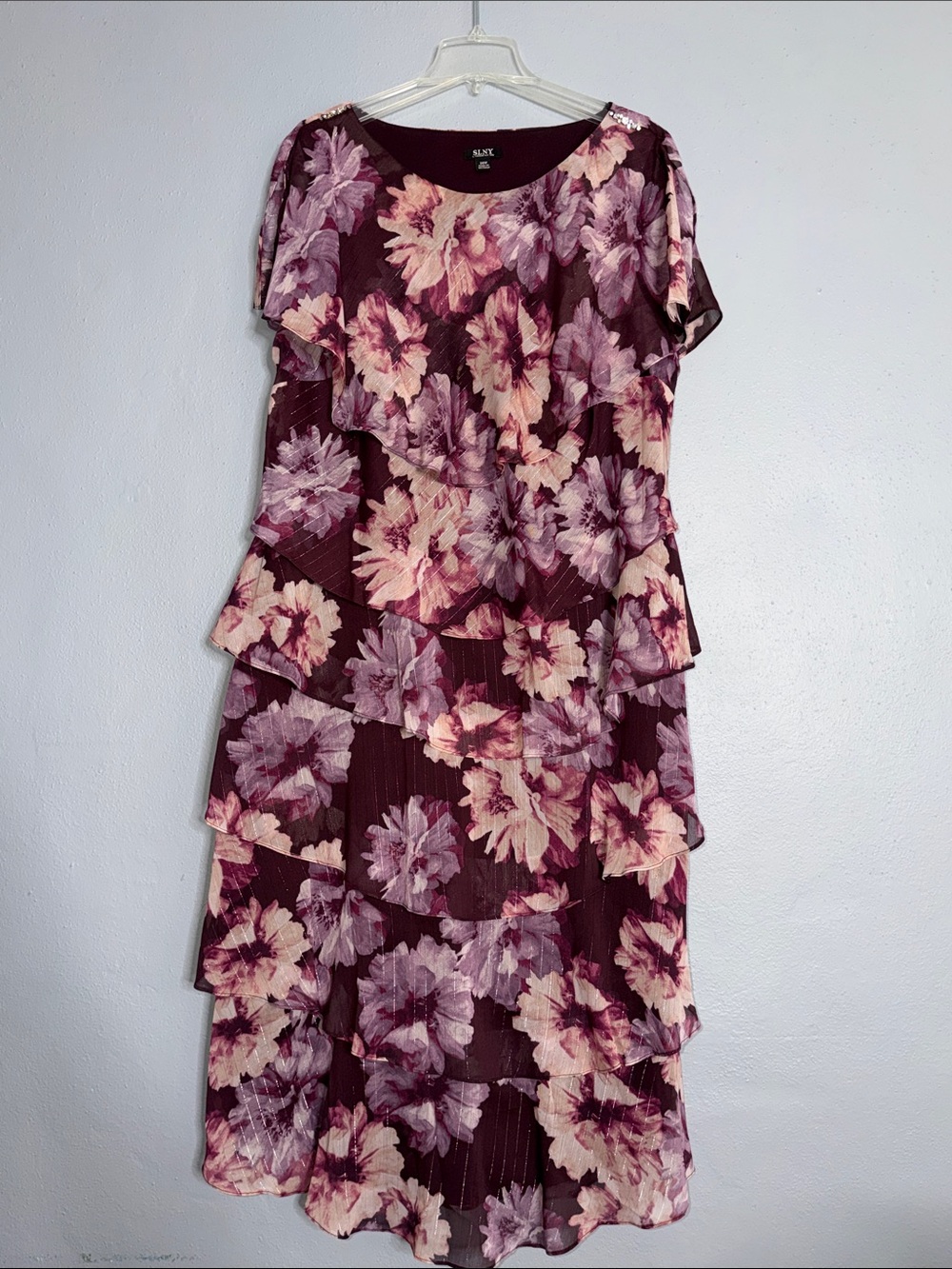 SLNY Plum Floral Layered Midi Dress